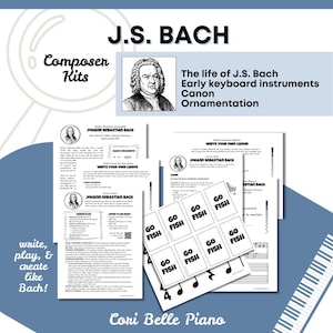 May include: A collection of educational materials for learning about J.S. Bach, including worksheets, games, and musical notation. The design features a portrait of Bach, the text "Composer Kits," and the phrase "write, play, & create like Bach!"