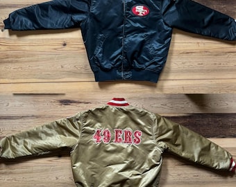 San Francisco 49ers Starter Jacket - Vintage 80s Reversible Satin Jacket - NFL Football Gold / Black Coat - Size Men's : XL