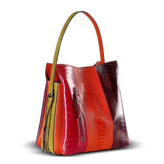 Multi Color Leather Tote Bag Handmade Ostrich Leather Etsy