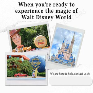 May include: Three photos of different areas of Walt Disney World. The first photo shows a large Woody figure from Toy Story. The second photo shows Cinderella's Castle. The third photo shows a red car driving past a blue and white beach ball with the words "Duncan Imperial" on it.