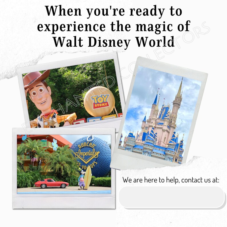 May include: Three photos of different areas of Walt Disney World. The first photo shows a large Woody figure from Toy Story. The second photo shows Cinderella's Castle. The third photo shows a red car driving past a blue and white beach ball with the words "Duncan Imperial" on it.