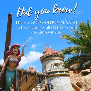 May include: A cartoon image of Ariel, the Little Mermaid, standing on a ship's mast. The text "Did you know? There is NO ADDITIONAL COST to book your Walt Disney World vacation with us?" is displayed above Ariel. The background is a blue sky with white clouds and a palm tree.