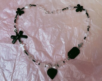 Handmade Heart Pendant Halloween Style Black Cross Beaded Necklace