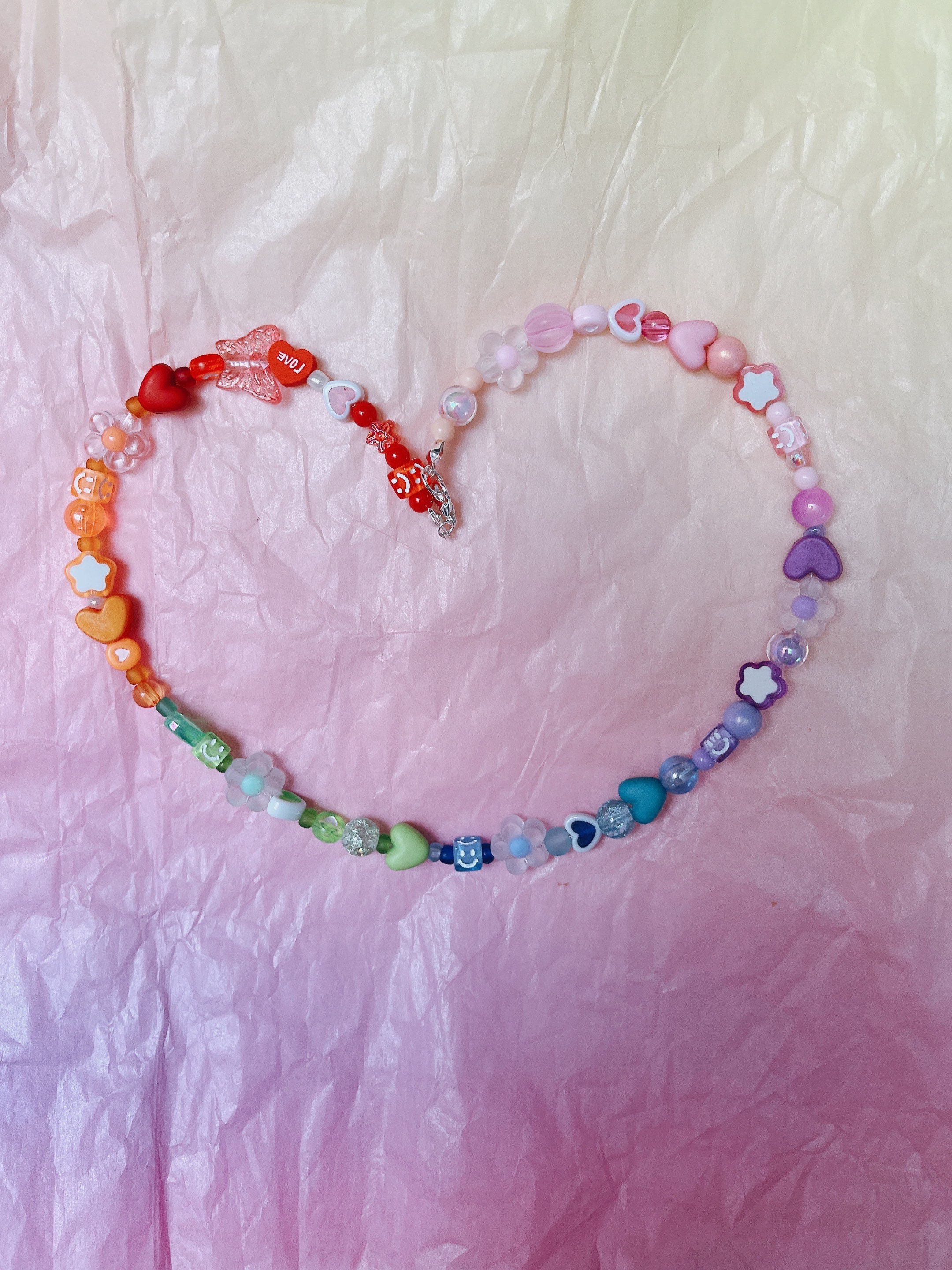 VVV☆PINK RIBBON HEART MIX BEADS NECKLACE Handmade Rainbow Color Beaded Necklace - Etsy