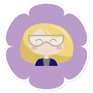 Könnte beinhalten: Eine Cartoon-Illustration einer Person mit blonden Haaren, die eine Schutzbrille und eine blaue Jacke trägt. Die Illustration ist vor einem lila Blumenhintergrund platziert.