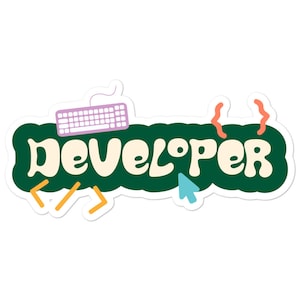 May include: A green sticker with the word "DEVELOPER" in white letters. The sticker has a keyboard, a mouse cursor, and curly brackets in different colours.