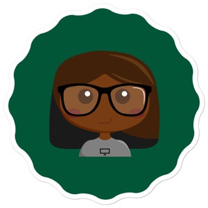May include: A cartoon illustration of a person with brown skin wearing glasses and a grey shirt with a computer monitor icon. The background is a solid green color.