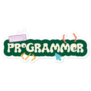 May include: A green sticker with the word "PROGRAMMER" in white, outlined in yellow. The sticker has a keyboard, a mouse cursor, and code brackets in the background.