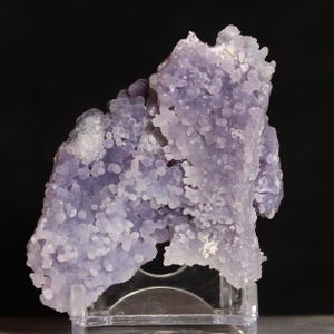 Peut inclure: Une géode d'agate violette avec un amas de petits cristaux violets ronds. La géode est sur un support d'exposition transparent.