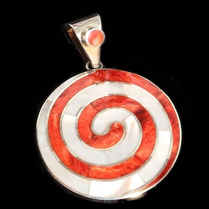 Earth Mother .950 Sterling Pendant Peruvian Red Coral White Mother of Pearl Pachamama Swirling Spiral Inlay Fine Handmade Cross Reality NEW