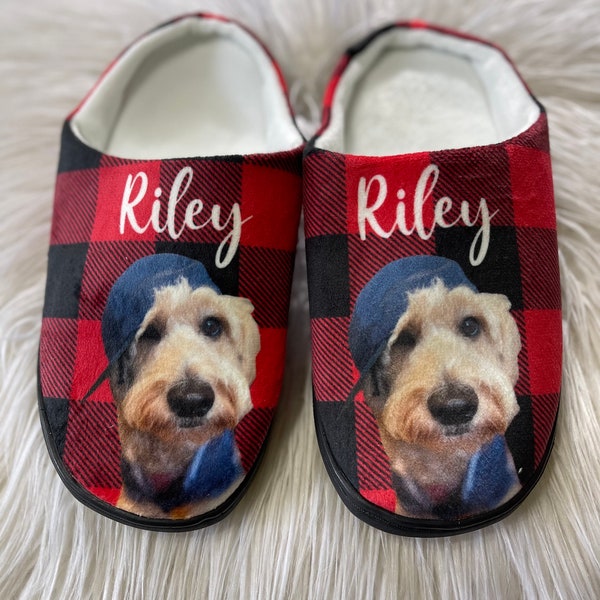 Custom Dog Photo Women's and Men's Slippers Personalized Casual House Cotton Slippers Goldendoodle Gift For Pet Lover Customized Plaid
