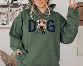 Dog Mom Hoodie With Dog's Face & Name On Sleeve Dog Mama Sweater Custom Name Dog Hoodie Valentine's Gift Dog Owner Birthday Sweatshirt Shirt