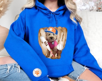 Custom Baseball Hoodie Mascot Pullover Personalized Sport Hoodie Using Pet Photo & Name With Front Back Sleeve Design Ball Game Sports Gift