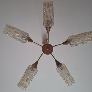 Vintage 1970s Mid Century Modern Chandelier, Brass & Teak Wood Ceiling Light, 5 Arm Textured Glass Fixture, Retro Lighting
