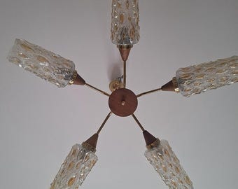 Vintage 1970s Mid Century Modern Chandelier, Brass & Teak Wood Ceiling Light, 5 Arm Textured Glass Fixture, Retro Lighting