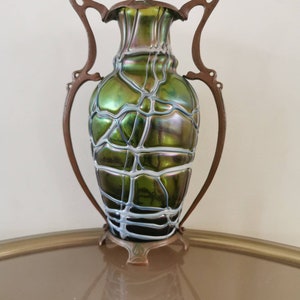 Kralik Art Nouveau Iridescent Green Veined Antique Glass Vase/Vintage  Vase by Kralik/Vase from 1920-1930s