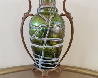 Kralik Art Nouveau Iridescent Green Glass Vase - 1920s Bohemian Decor