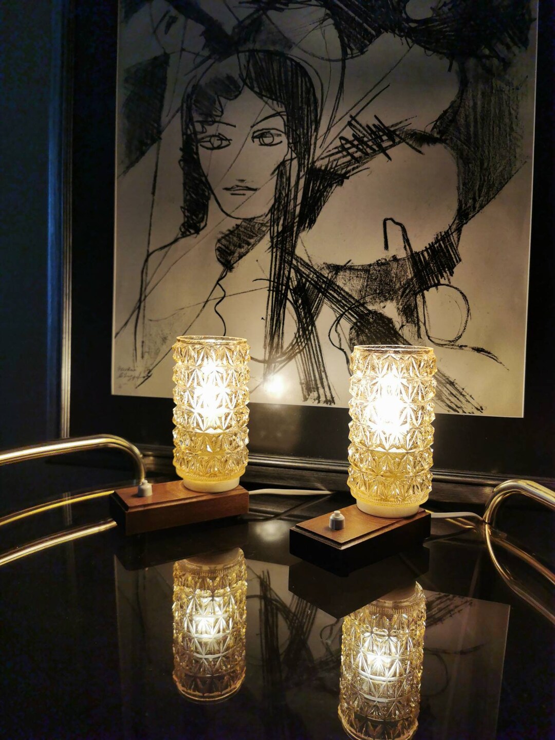 Vintage Pair Glass Lamps/mid Century Bedroom Lamps/ Mid Century