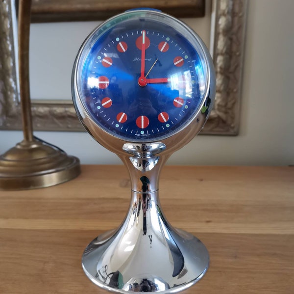 Blessing Space Age Chrome Alarm Clock-Vintage Clock Blue Dial- Pedestal Clock-Made in West Germany