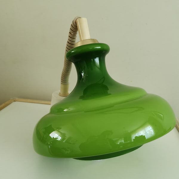 Vintage Green Opaline Glass Pendant Lamp - 1970s Mid-Century Lighting