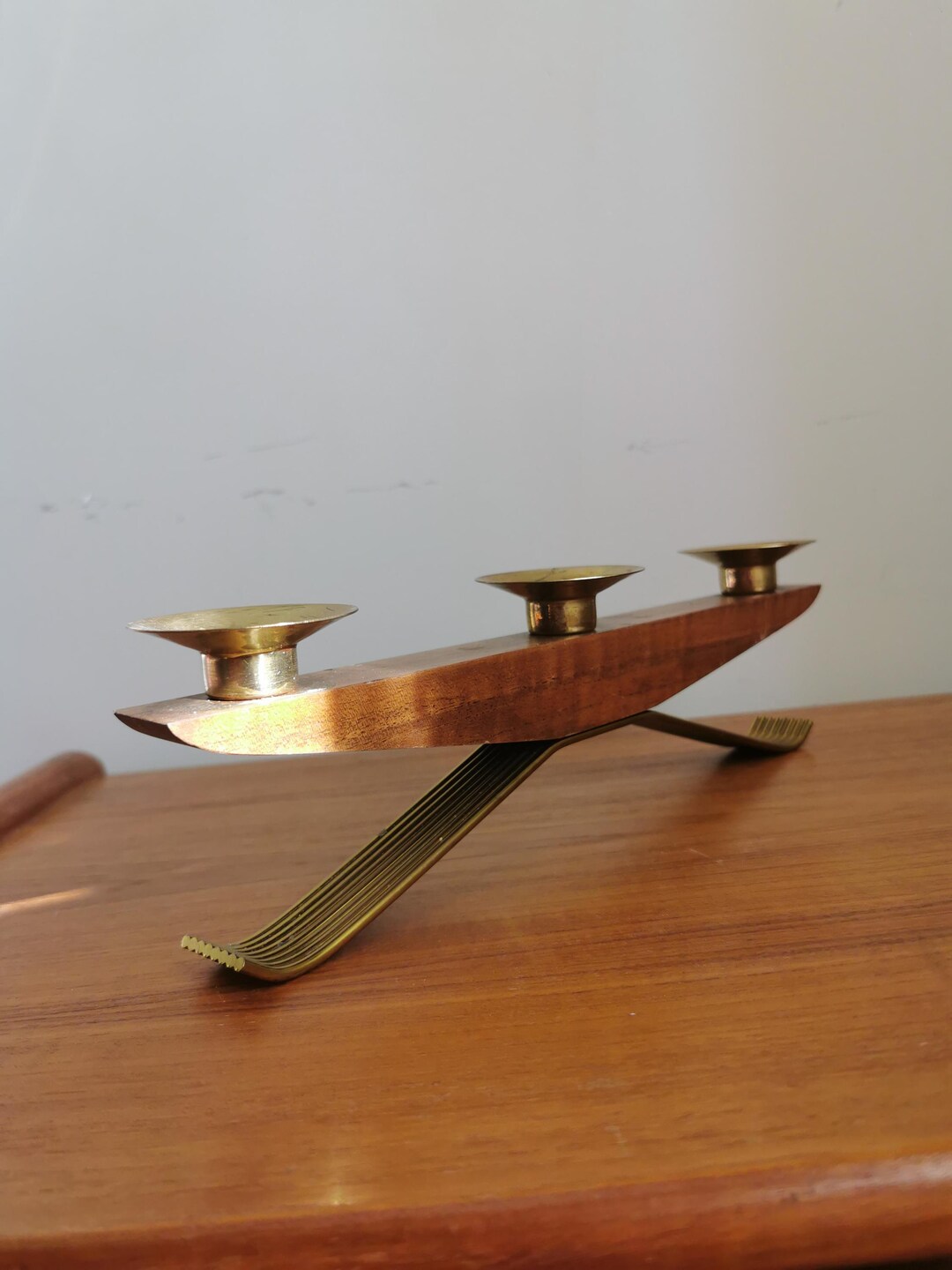 Vintage Teak Candle Holders / Mid Century Wood and Brass Candlestick ...