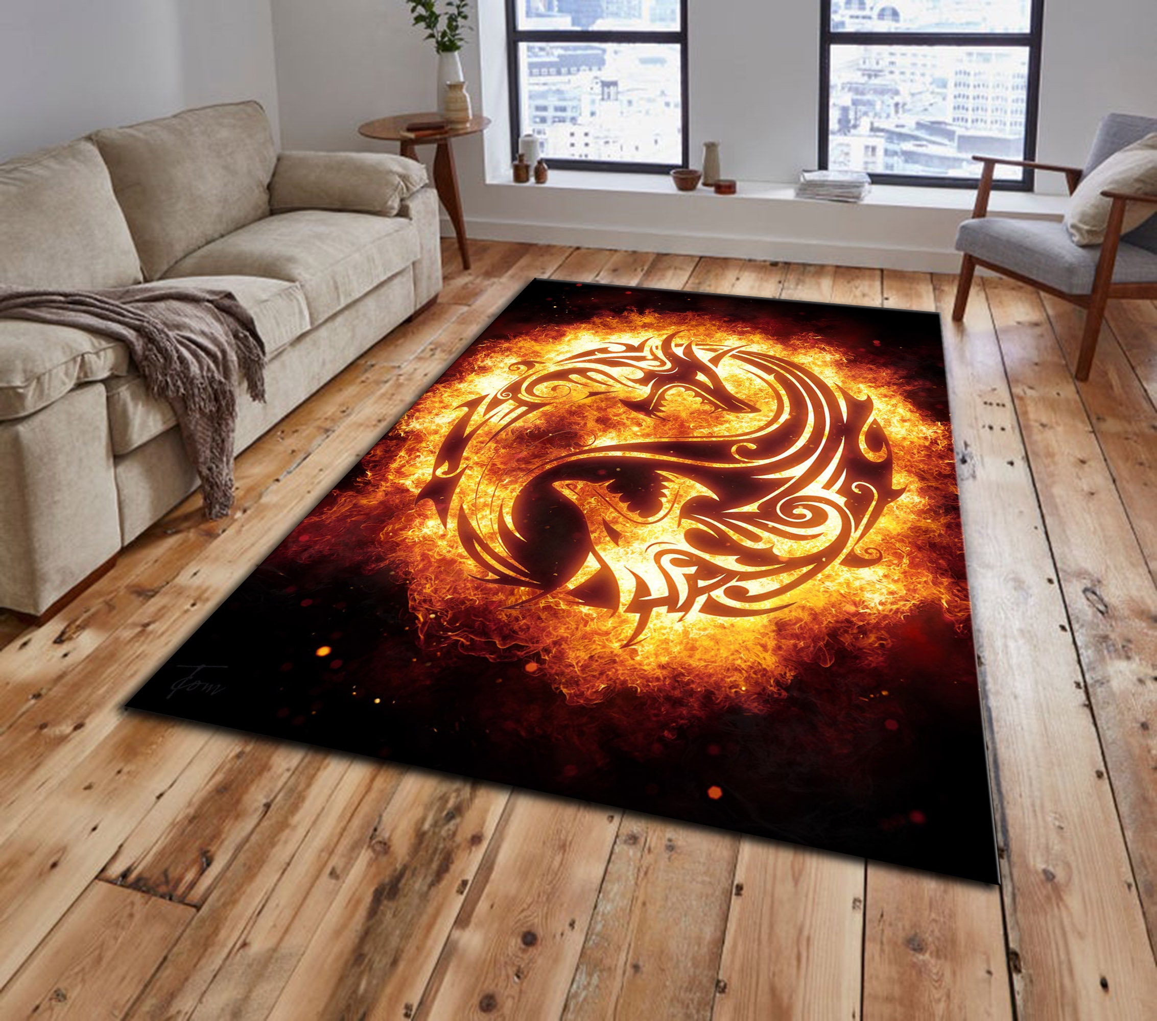 Yin Yang Dragon Fire Area Rug Living Room Decorative Floor Etsy