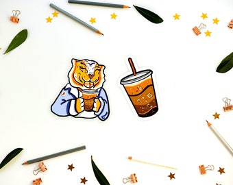 Set of Two Tiger and Ice Coffee Kawaii  Sticker //Vinyl sticker, cute stationery, planner stickers, Food Stickers, Coffee