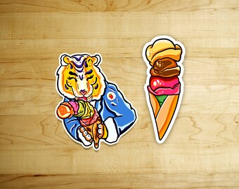Set of Two Tiger and Ice cream Kawaii  Sticker //Vinyl sticker, cute stationery, planner stickers, Food Stickers