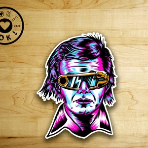May include: A colorful illustration of a person wearing blue and purple sunglasses with a lightning bolt design. The person has blue and purple hair and a serious expression.