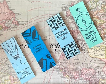 Cute Reading Quotes Bookmarks: One More Chapter, Read Between Lines, So Little Time, & Hot Air Balloon