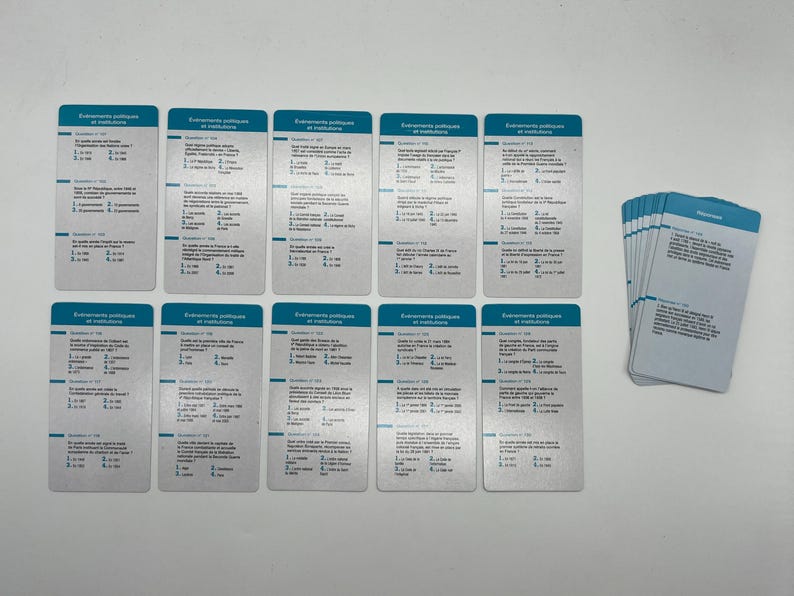 Peut inclure: Un jeu de 10 cartes bleues et argent&eacute;es avec le texte "&Eacute;l&eacute;ments politiques et institutions" imprim&eacute; dessus. Les cartes sont dispos&eacute;es en deux rang&eacute;es de cinq. Il y a une pile de cartes plus petites en arri&egrave;re-plan.