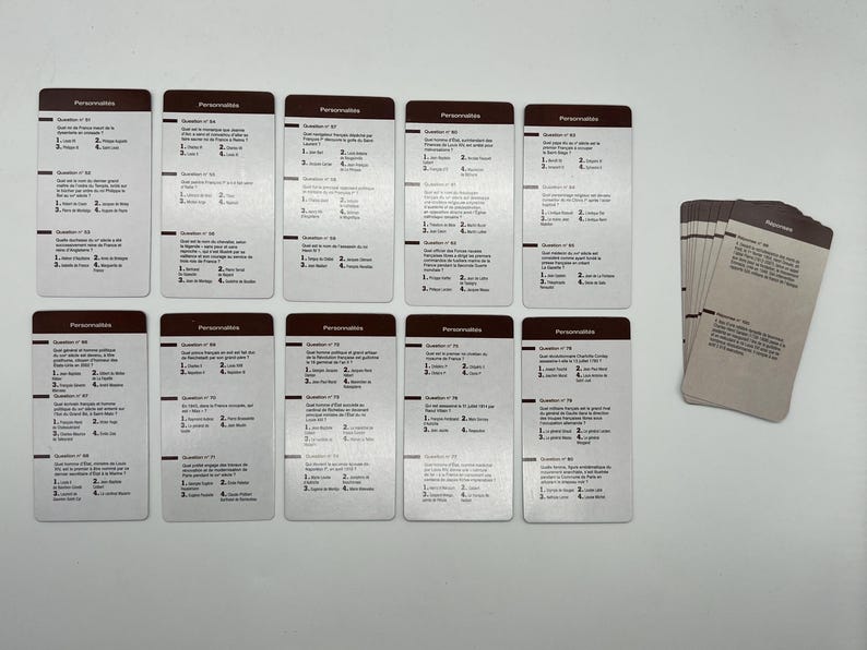 Peut inclure: Un jeu de 16 cartes avec le mot "Personnalit&eacute;s" imprim&eacute; en haut de chaque carte. Chaque carte contient une question et des r&eacute;ponses &agrave; choix multiples. Les cartes sont dispos&eacute;es sur une surface blanche.