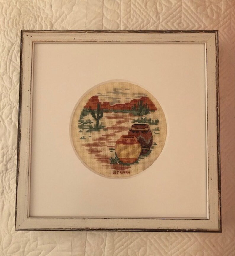 White Framed Southwest Pottery and Desert Mountain Scene Needlepoint Cactus