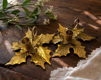 Elegant Vintage Brass Holly Leaf Chamberstick Candle Holder
