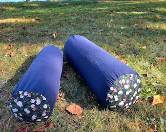 Bolster yoga ~ Traversin de yoga, double housse, coton bleu et garnissage balles d'épeautre biologiques