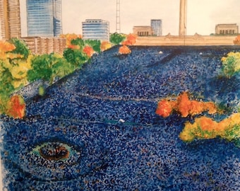 May include: A watercolor painting of a city skyline with a tall, thin tower in the background. The foreground is a field of blue flowers.