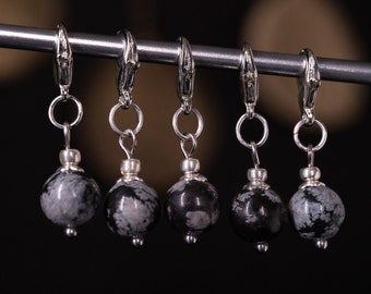 Set of 5 Snowflake Obsidian Natural Stone Stitch Markers | Hand Made | Stitch Markers, Progress Keepers, Knitting and Crochet Notions