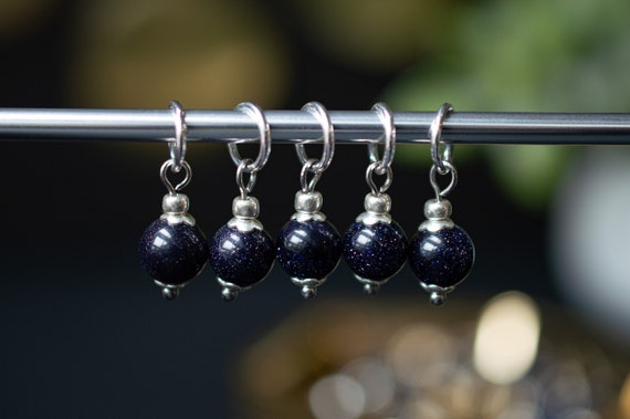 Set of 5 Blue Goldstone Stitch Markers | Hand Made | Stitch Markers, Progress Keepers, Knitting and Crochet Notions