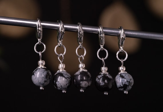 Set of 5 Snowflake Obsidian Natural Stone Stitch Markers | Hand Made | Stitch Markers, Progress Keepers, Knitting and Crochet Notions