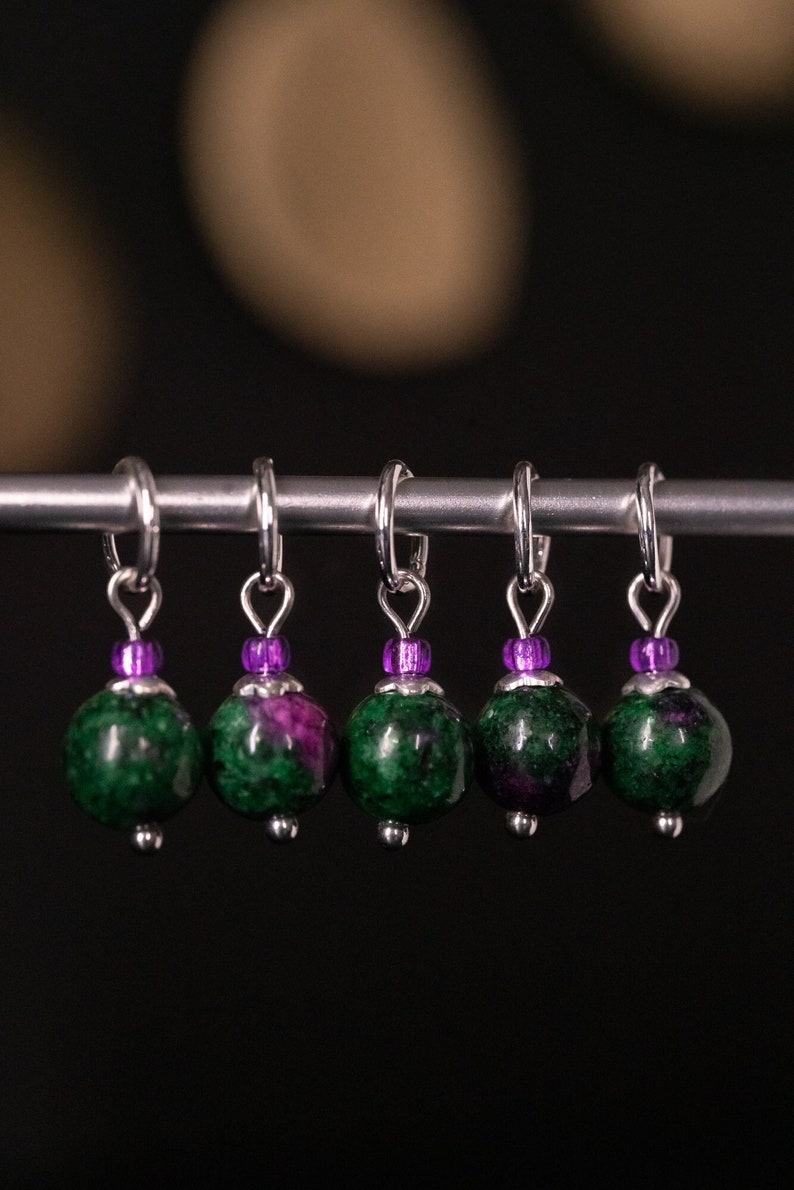 Set of 5 Ruby Zoisite Stone Stitch Markers Hand Made Stitch Markers, Progress Keepers, Knitting and Crochet Notions image 1