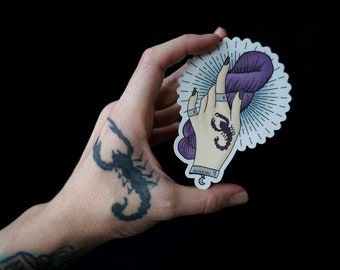 Crow & Crescent Yarn Scorpion Hand Tattoo Vinyl Sticker - 4"x2.89"