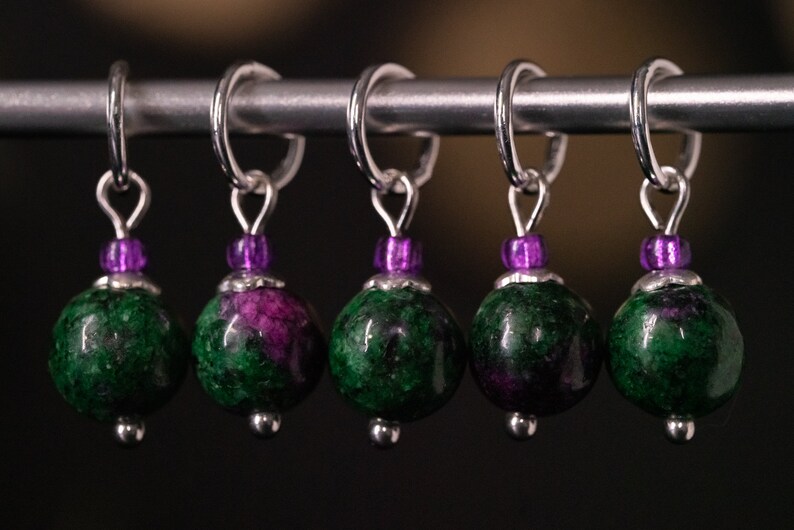 Set of 5 Ruby Zoisite Stone Stitch Markers Hand Made Stitch Markers, Progress Keepers, Knitting and Crochet Notions image 3