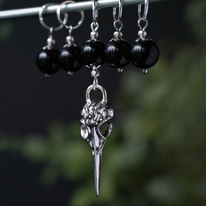 Set of 5 Glass Crow Skull Stitch Markers | Hand Made | Stitch Markers, Progress Keepers, Knitting and Crochet Notions