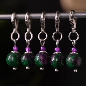 Set of 5 Ruby Zoisite Stone Stitch Markers Hand Made Stitch Markers, Progress Keepers, Knitting and Crochet Notions image 2