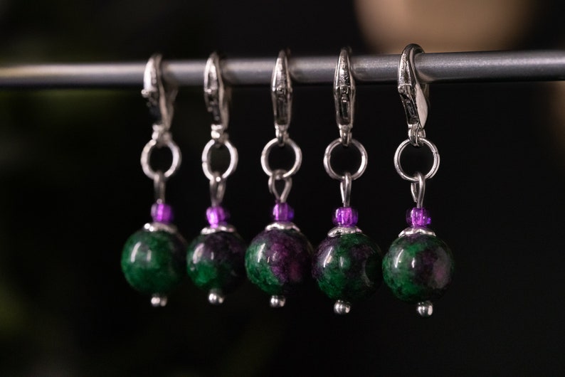 Set of 5 Ruby Zoisite Stone Stitch Markers Hand Made Stitch Markers, Progress Keepers, Knitting and Crochet Notions image 2