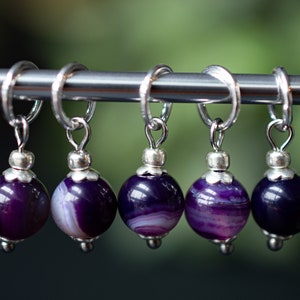 Set of 5 Agate Natural Stone Stitch Markers | Hand Made | Stitch Markers, Progress Keepers, Knitting and Crochet Notions