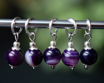 Set of 5 Agate Natural Stone Stitch Markers | Hand Made | Stitch Markers, Progress Keepers, Knitting and Crochet Notions