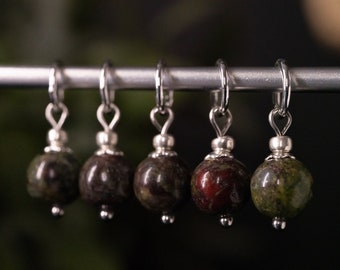 Set of 5 Dragon Blood Jasper Stone Stitch Markers | Hand Made | Stitch Markers, Progress Keepers, Knitting and Crochet Notions