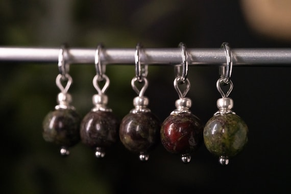 Set of 5 Dragon Blood Jasper Stone Stitch Markers | Hand Made | Stitch Markers, Progress Keepers, Knitting and Crochet Notions