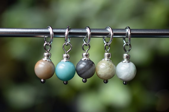 Set of 5 Natural Stone Stitch Markers | Hand Made | Stitch Markers, Progress Keepers, Knitting and Crochet Notions